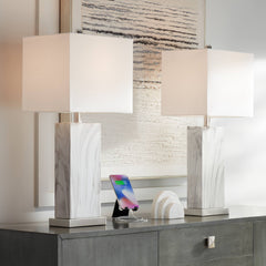 360 Lighting Connie Modern Table Lamps 25" High Set of 2 White Faux Marble with USB Charging Ports Rectangular Shade for Living Room Office Desk
