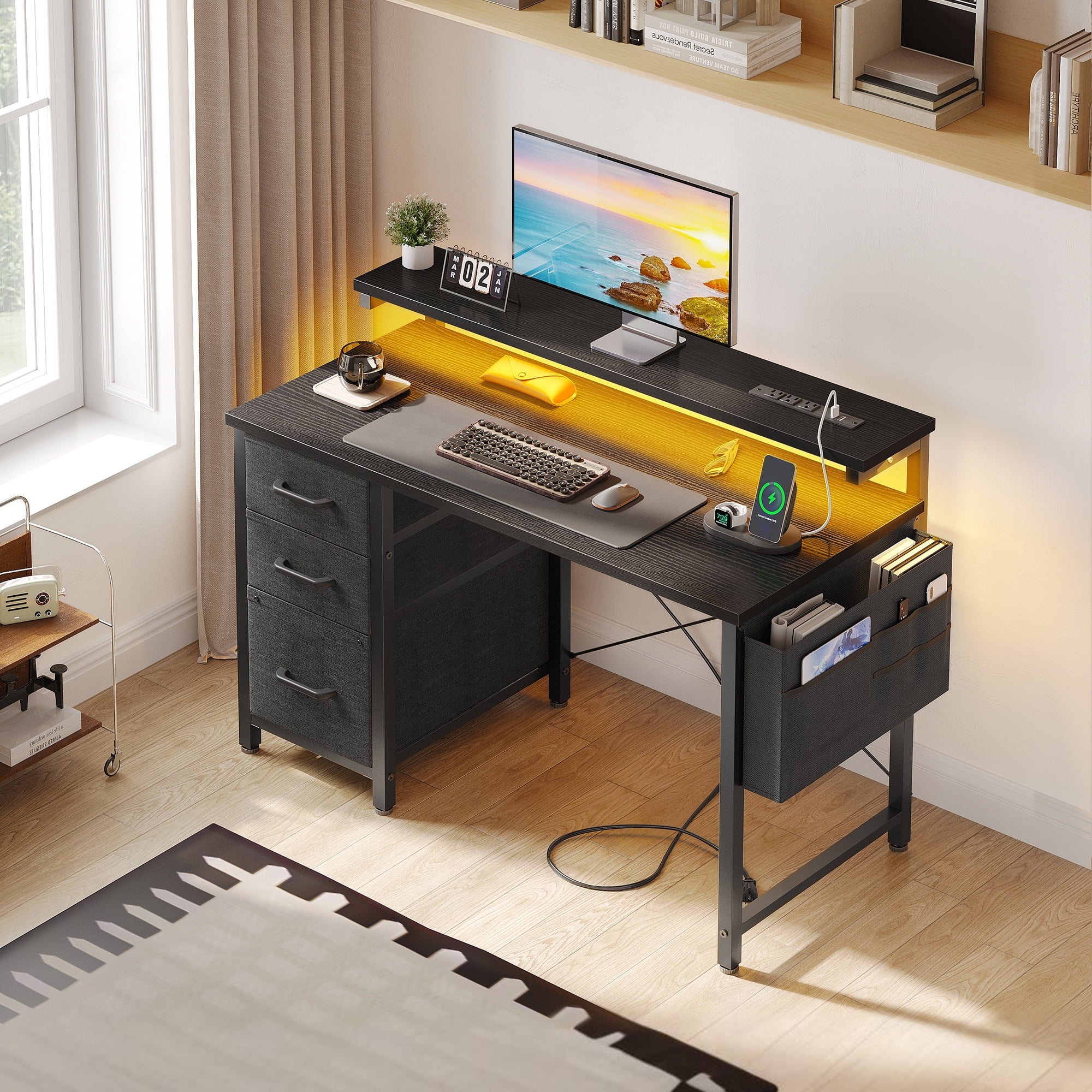 40 in Computer Desk with Power Outlets & LED Lights, Home Office Desk with 3 Drawers & Adjustable Monitor Shelf, , Writing Desk with Storage Bag, Vintage